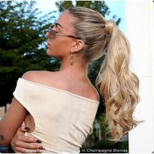 INH Hair Jordynn Pony Tail Wrap Champagne Blonde Mid Length Layered Curls 18 in